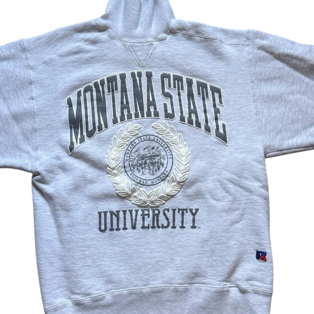 RARE VINTAGE MONTANA STATE UNIVERSITY Russell Athletic Gray HIGH Neck Sweatshirt - Picture 3 of 4